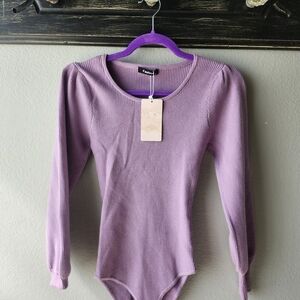 Ribbed Puff-Sleeve Bodysuit in Lavender